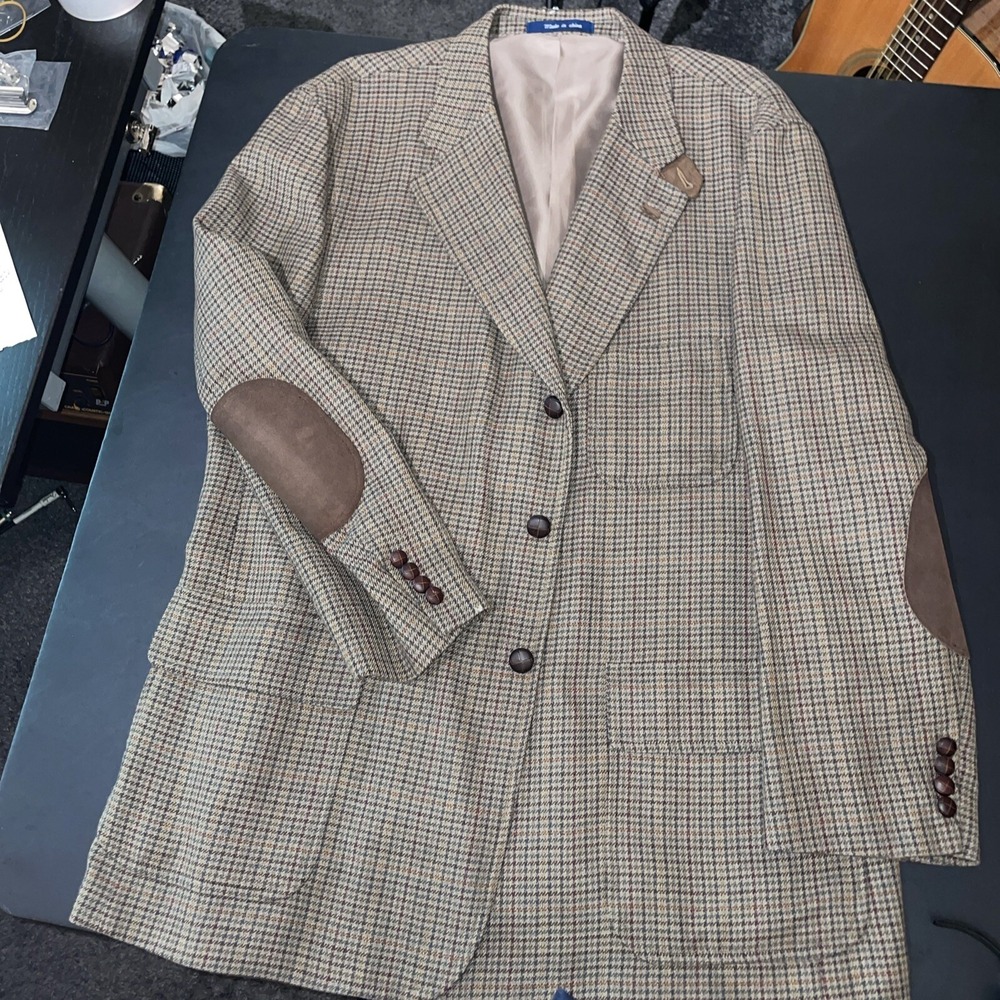 T Harris Men's Lambswool Suit Coat Blazer Size XL Brown Multicolored Houndstooth